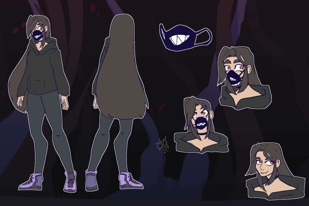 A reference sheet of the VTuber Persona, Cryptid Sangrose. She is a tall humanoid female with long brown hair and a mask over the lower half of her face. She has red eyes and a toothy grin on her mask to match her own grin.