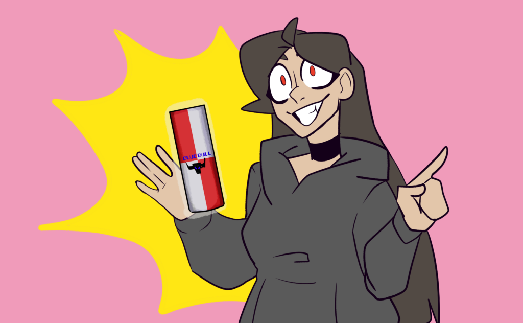 An ad-styled art of the Vtuber, Cryptid Sangrose, showing off an energy drink can called "Blue Bull".