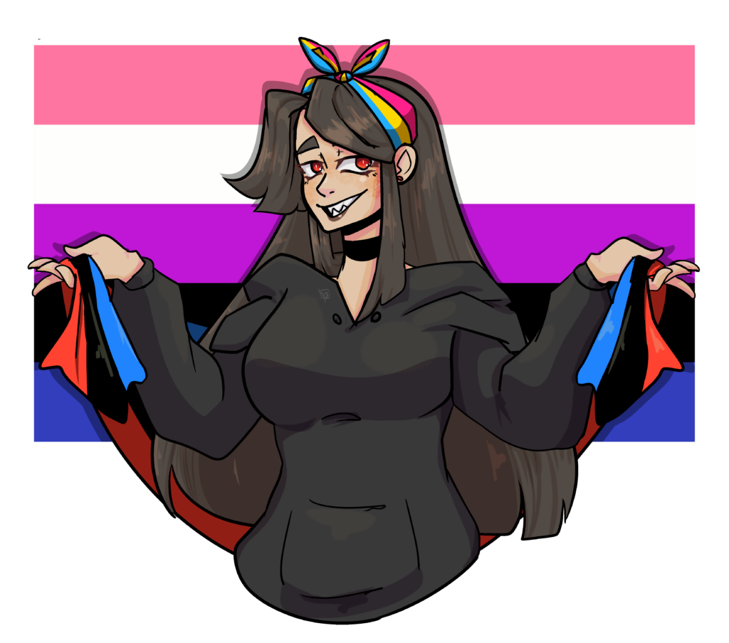 A piece of art depicting the VTuber, Cryptid Sangrose, with pride flags. In her head is the Pansexual Pride Flag, tied up like a headband. In her hands is the Polyamorous Pride Flag, draped behind her. The background of the image is the Genderfluid Pride Flag.