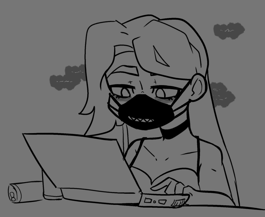 A greyscale piece of art of the vtuber, Cryptid Sangrose, sitting in front of a laptop working. There are dark circles under her eyes and a few empty energy drink cans.